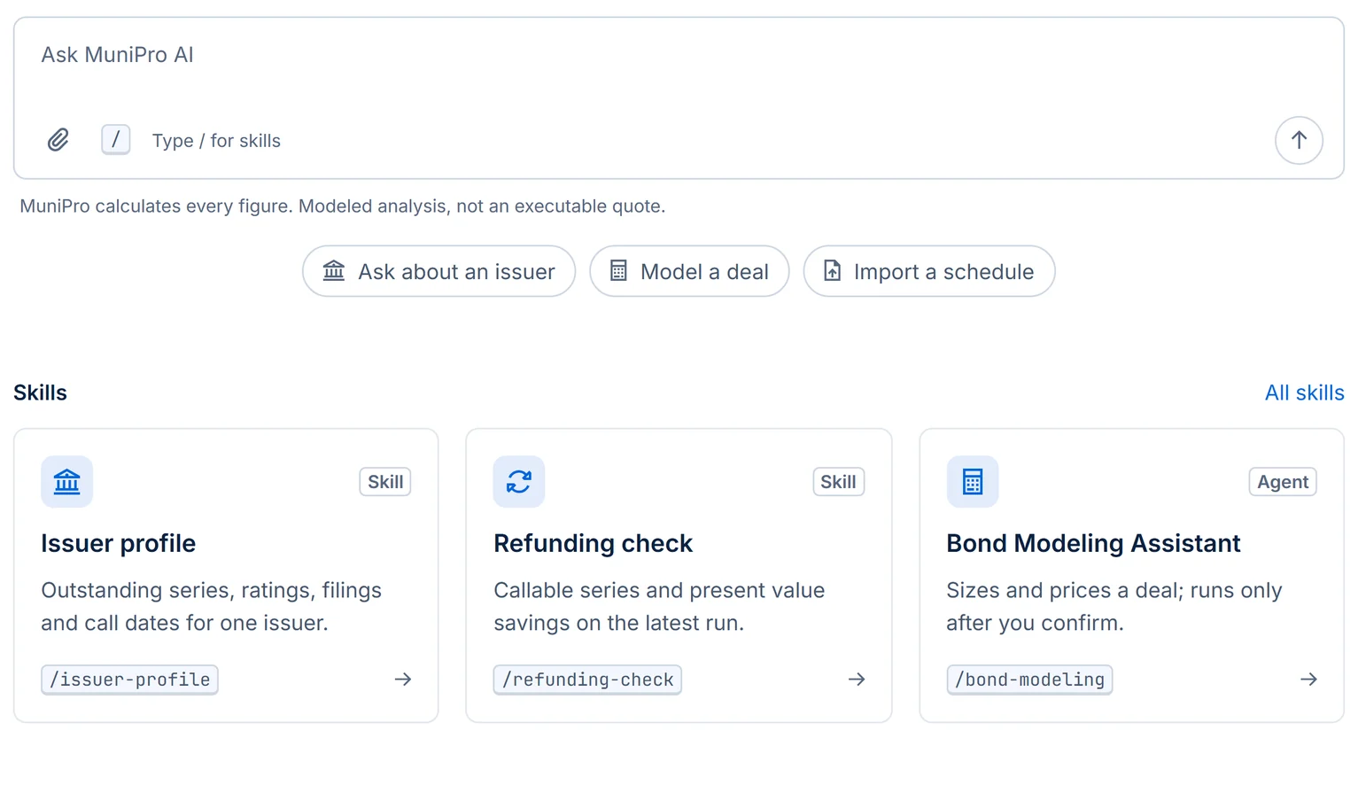 MuniPro AI home: Ask MuniPro AI, its suggestions and three skills (an illustration with sample data)
