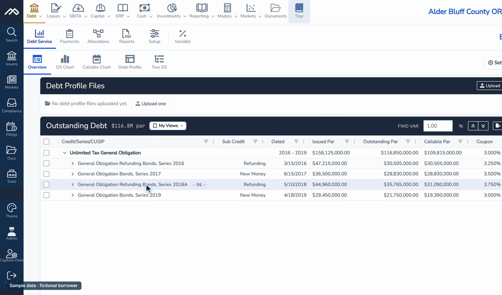 Debt › Debt Service › Overview for the sample borrower Alder Bluff County, OR: the Outstanding Debt grid, its four series with their dated dates, issued par and outstanding par